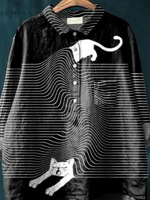 Multicolor Cleo Cat Art T-shirt by Lumina Vancouver featuring vibrant feline illustration on soft cotton fabric.