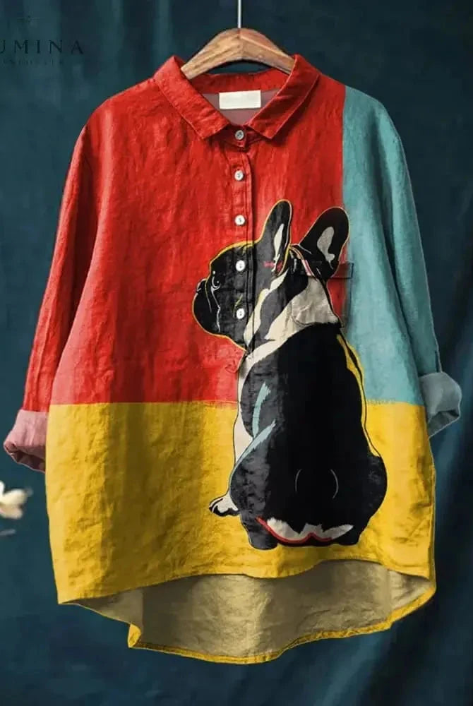Multicolor Oda dog artwork T-shirt by Lumina Wear, featuring vibrant, artistic dog illustration on a casual tee.