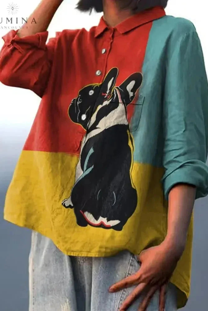 Lumina Wear Oda Dog Artwork T-Shirt featuring colorful dog illustration on a casual tee.