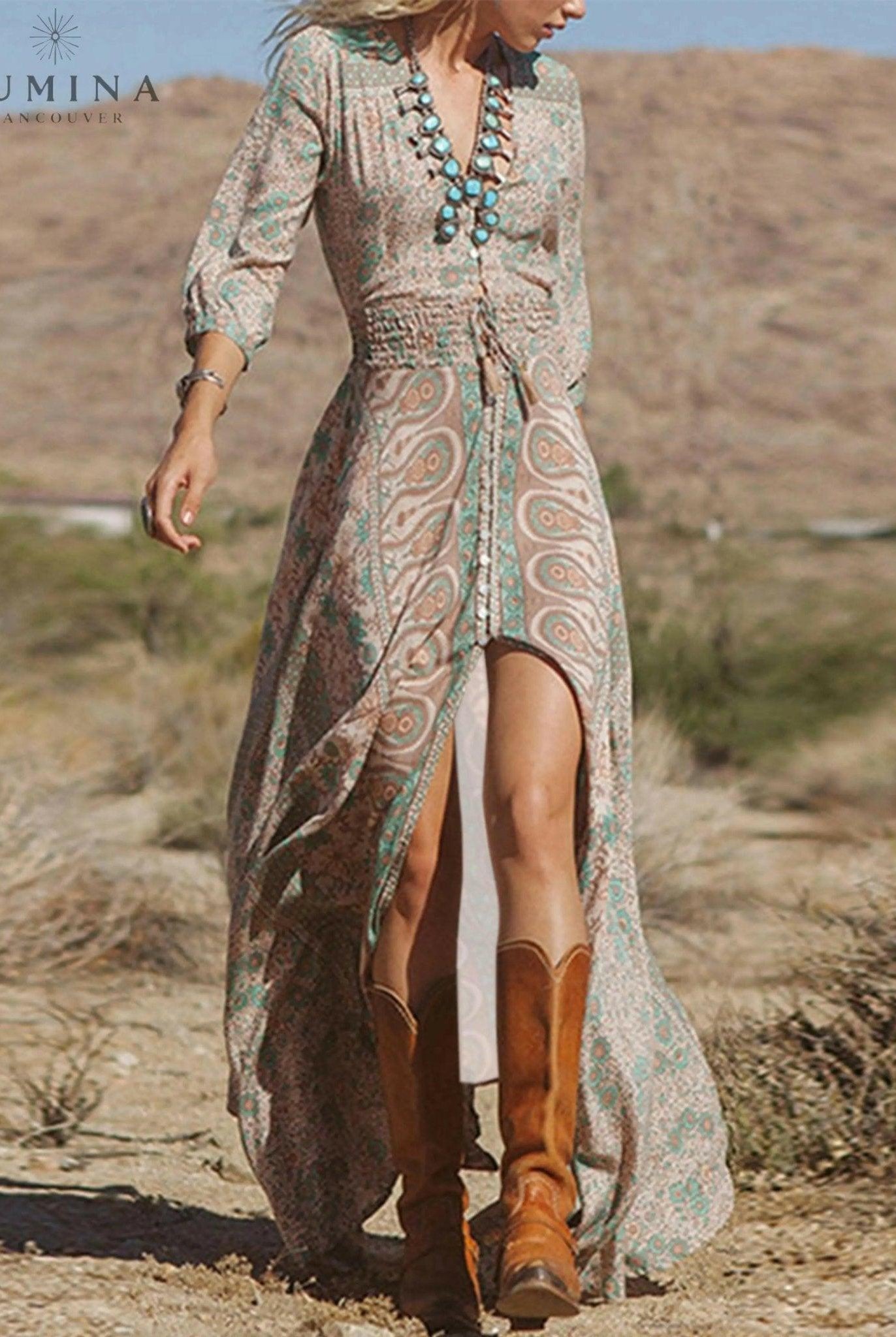 Lumina Wear Anitra Boho Elegance Dress in multicolor with flowing fabric and intricate patterns, perfect for stylish casual wear.