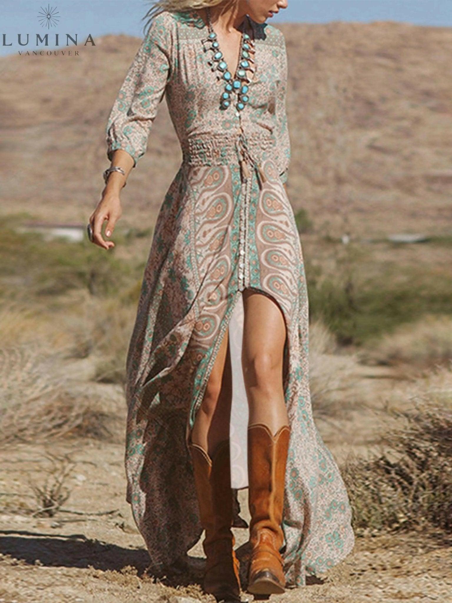 Lumina Vancouver Anitra Boho Elegance Dress in multicolor, flowing fabric with intricate patterns and a relaxed, stylish fit.