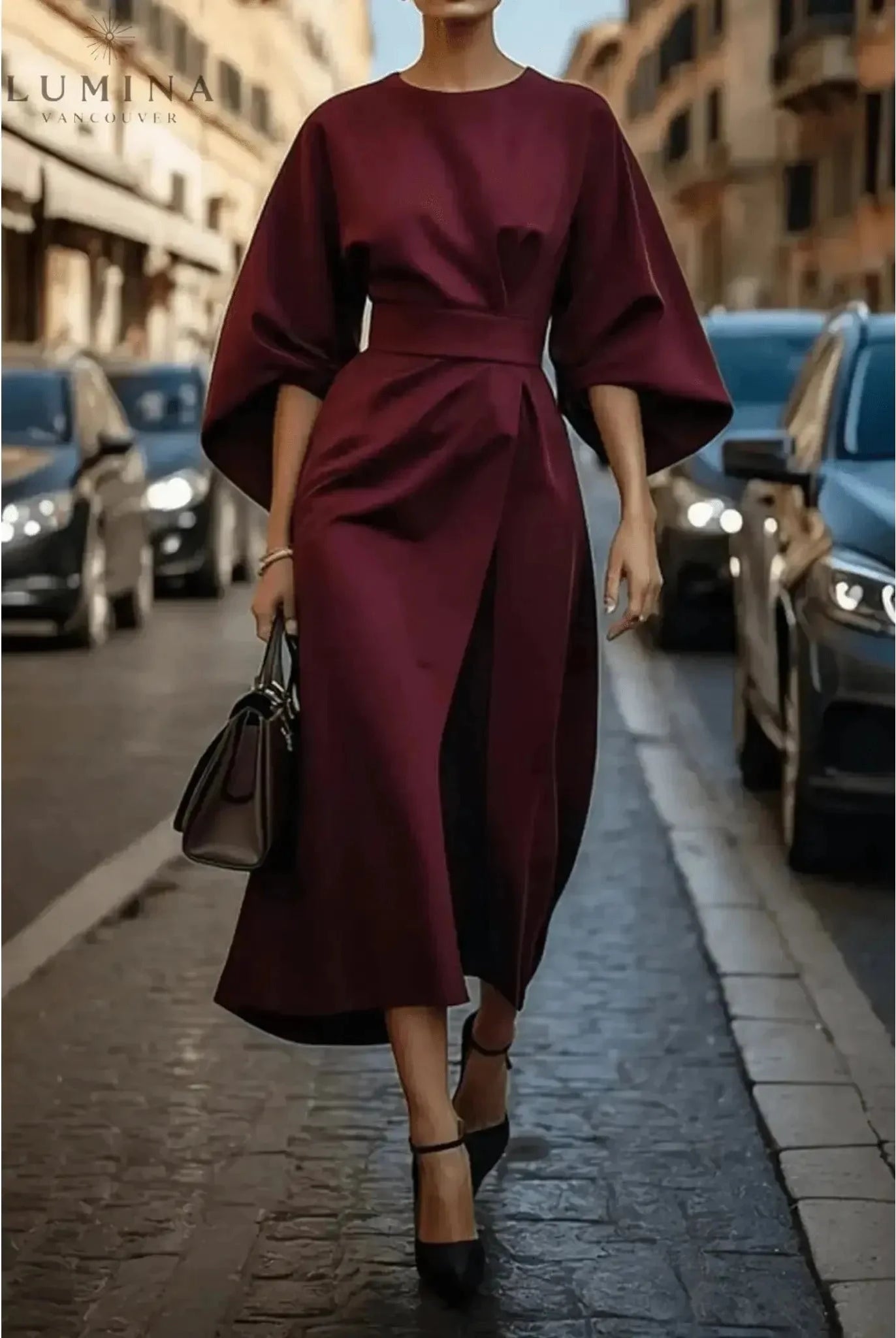 Navy blue Sonia elegant dress with belt by Lumina Wear, featuring a fitted silhouette and stylish waist detail.