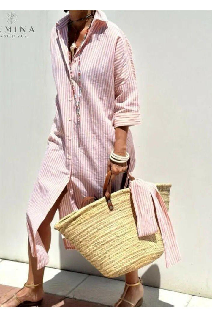 Pink Colen classic striped lace shirt dress by Lumina Vancouver, featuring a tailored fit and elegant lace detailing.