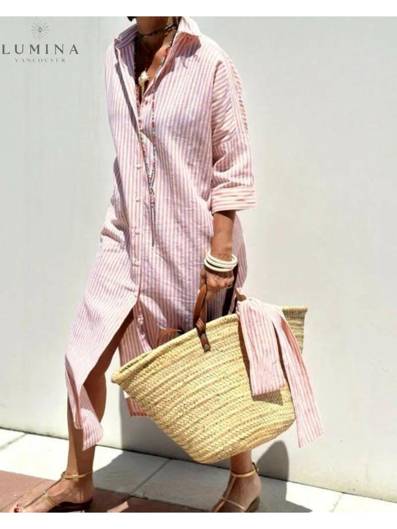 Pink Colen classic striped lace shirt dress by Lumina Vancouver, featuring a tailored fit and elegant lace detailing.