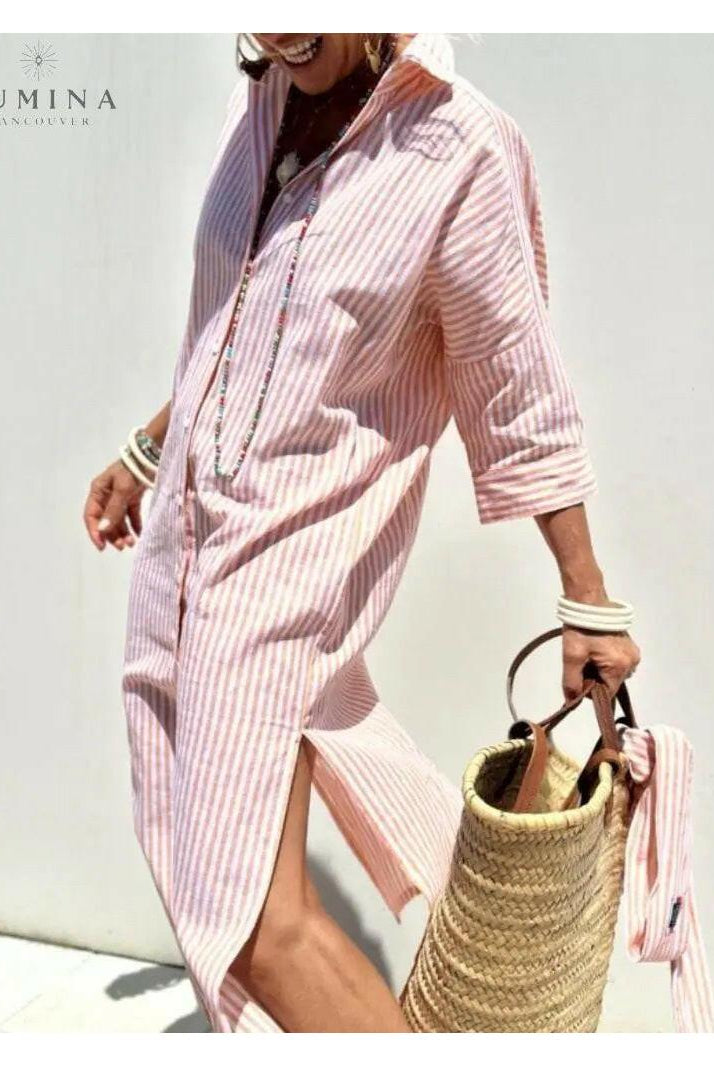 Pink Colen Classic Stripped Lace Shirt Dress by Lumina Vancouver, featuring lightweight fabric and button-down front.
