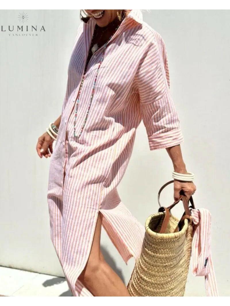 Pink Colen Classic Stripped Lace Shirt Dress by Lumina Vancouver, featuring lightweight fabric and button-down front.