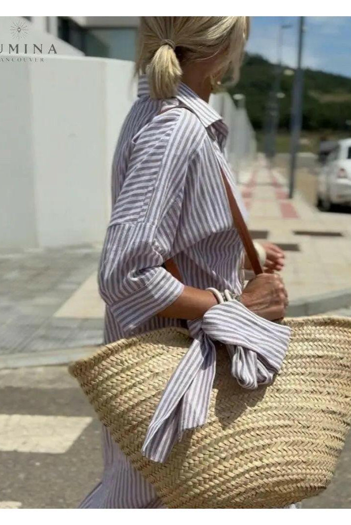 Pink Colen lace shirt dress by Lumina Vancouver with classic striped pattern, long sleeves, and button front.