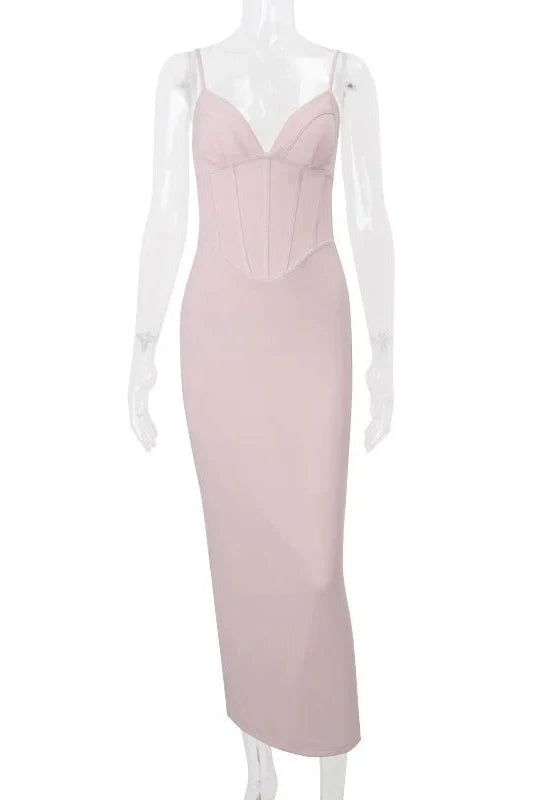 Pink Lumina Vancouver Rosamond maxi bodycon dress with corset bodice, fitted silhouette, and elegant design.