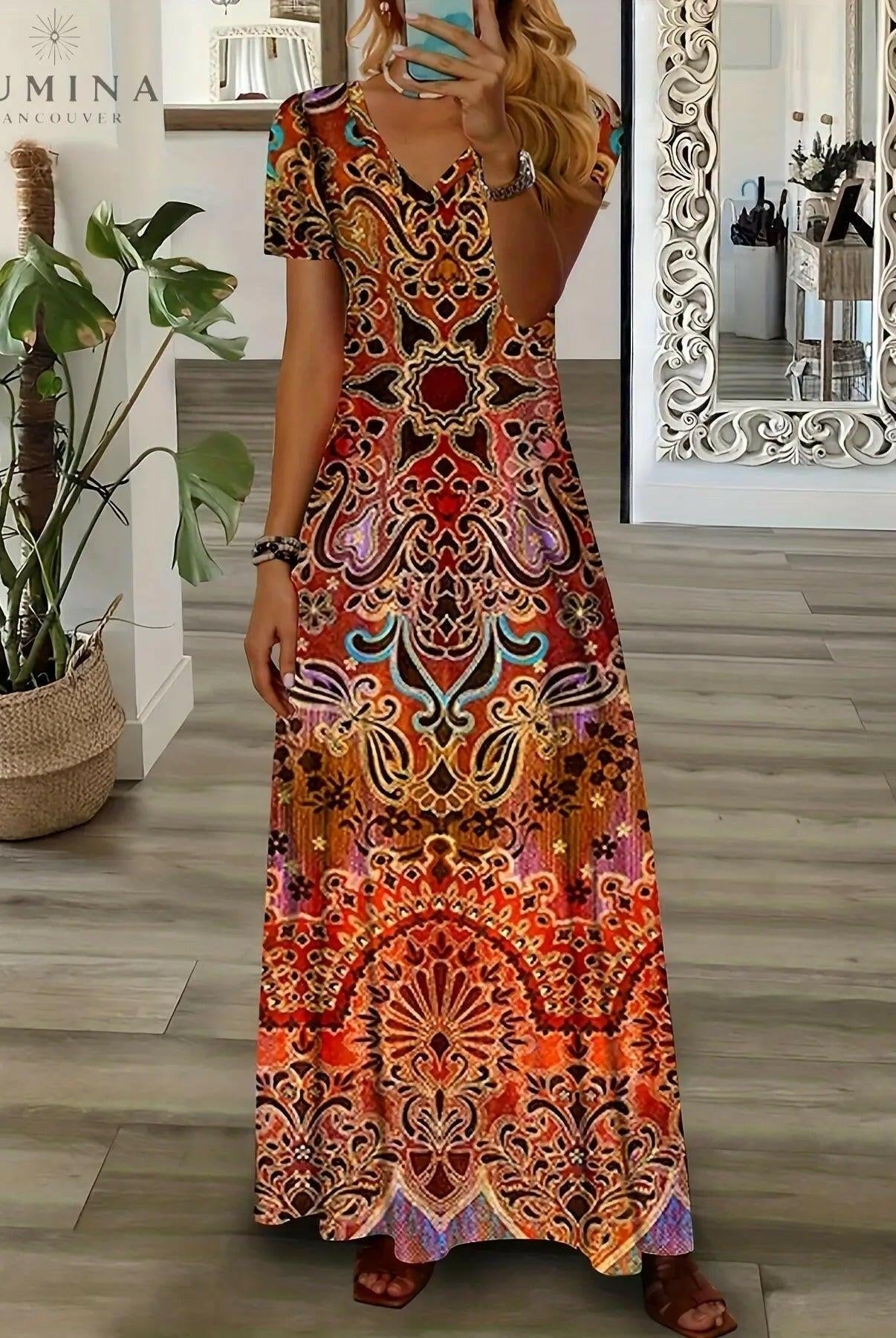 Red Daisy Vintage V-Neck Dress by Lumina Vancouver, featuring a classic floral pattern and elegant silhouette.