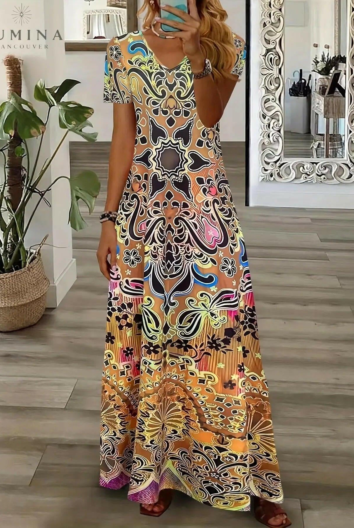 Red Daisy vintage V-neck dress by Lumina Vancouver, featuring floral pattern and elegant design for a stylish look.