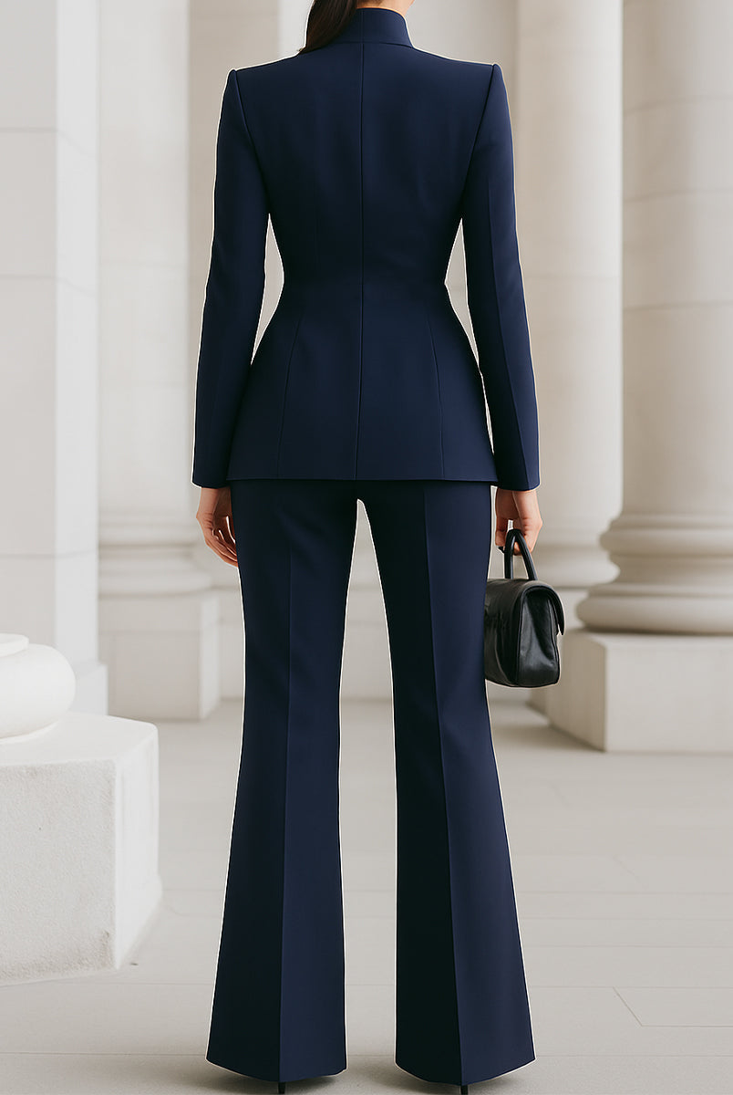 Navy blue Cassia set by Lumina Vancouver featuring a blazer and wide-leg trousers, shown on a model.