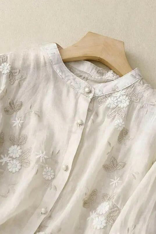 Lumina Wear apricot 3/4 sleeve patchwork blouse with retro embroidery, stylish and casual women's art-inspired blouse.