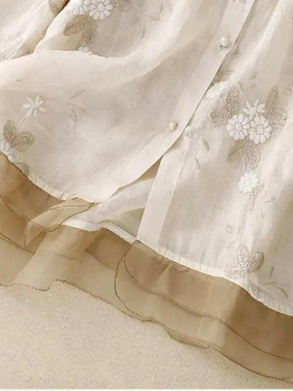 Lumina Vancouver Art Retro Embroidery 3/4 Sleeve Patchwork Shirt in apricot with vintage embroidery details for a stylish look.
