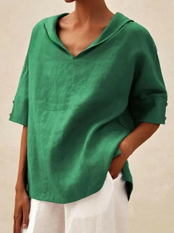 Blue women's casual V-neck shirt by Lumina Vancouver, featuring a comfortable fit and stylish design for everyday wear.