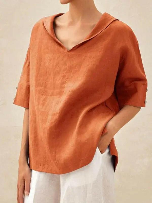 Blue women's casual V-neck shirt by Lumina Vancouver, featuring a comfortable fit and stylish design.