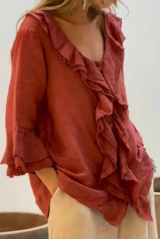 Women’s casual cotton blouse with ruffles and 3/4 sleeves by Lumina Wear, featuring a stylish blue design.