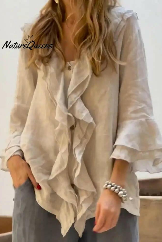 Women's casual cotton blouse with ruffles, 3/4 sleeves, in blue from Lumina Wear, perfect for relaxed, stylish outfits.