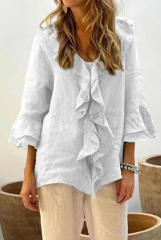 Light blue women's blouse by Lumina Wear featuring ruffles, casual cotton fabric, and 3/4 sleeves, perfect for everyday wear.