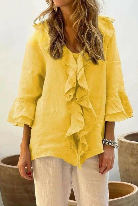 Women's casual cotton blouse with ruffles and 3/4 sleeves, by Lumina Wear, in a stylish blue color.