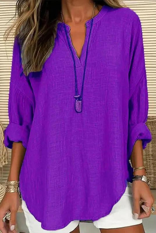 Light blue women's cotton long sleeve blouse by Lumina Wear, featuring a round neck and loose fit for a casual beach look.