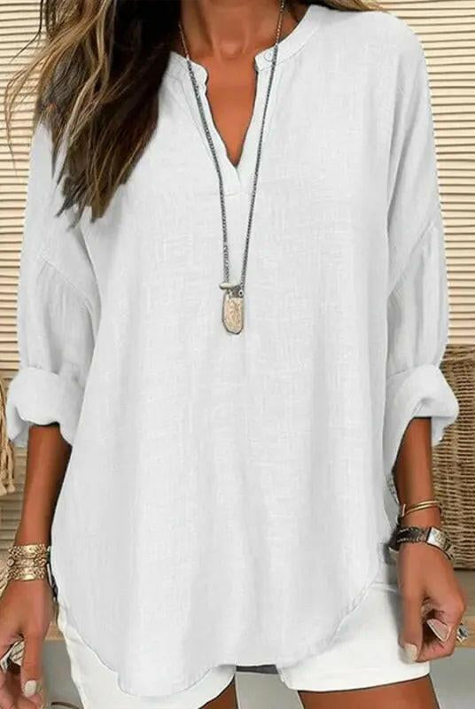 Light blue women's cotton long sleeve blouse by Lumina Wear, featuring a round neck and loose fit, ideal for beach or casual wear.