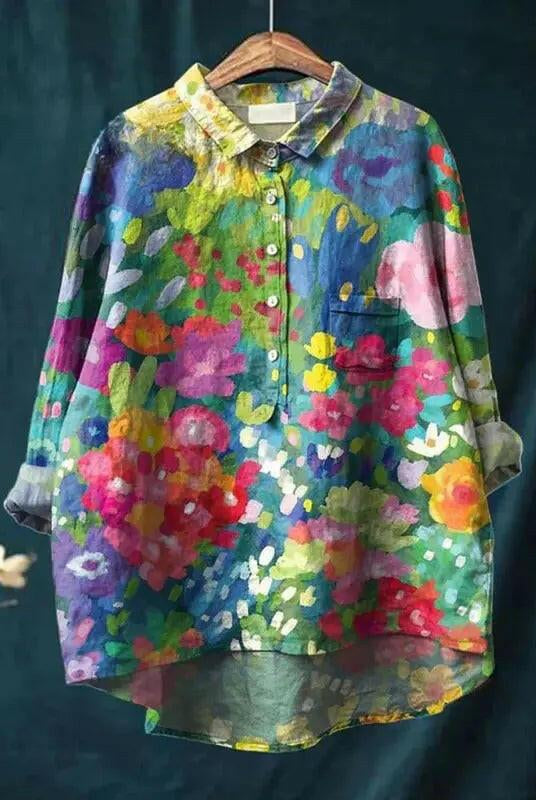 Women's vintage floral art print blouse by Lumina Wear, casual cotton shirt with multicolor floral design and relaxed fit.
