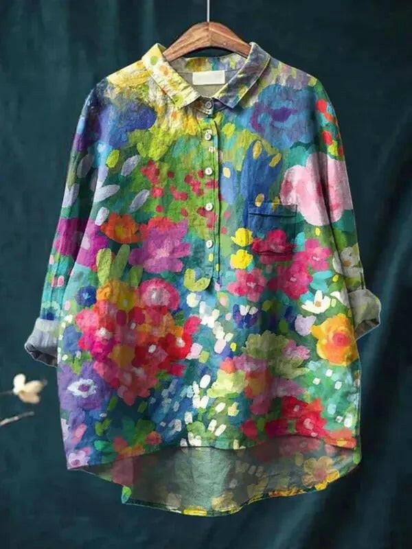 Women's vintage floral art print casual cotton shirt by Lumina Vancouver, multicolor, perfect for a relaxed, stylish look.