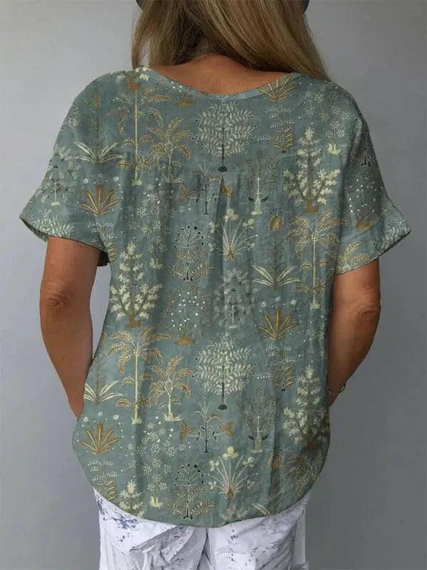 Multicolor woodland vegetation pattern printed women's casual cotton and linen shirt by Lumina Vancouver.