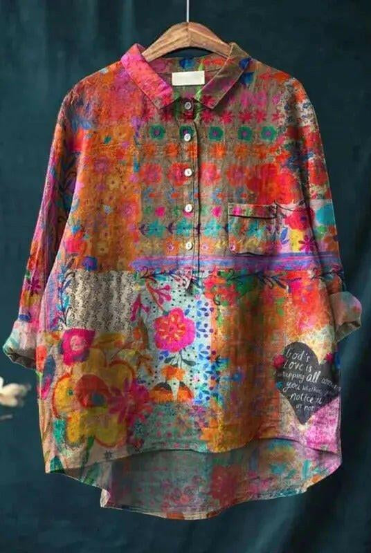 Women's vintage flower art print cotton blouse by Lumina Wear, casual and comfortable with floral design.