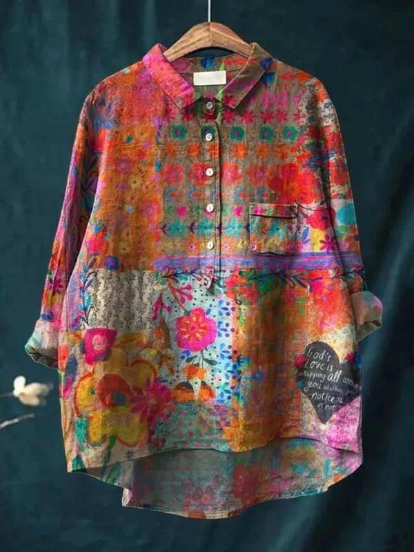 Women's vintage flower art print casual cotton shirt by Lumina Vancouver, featuring a colorful floral design.
