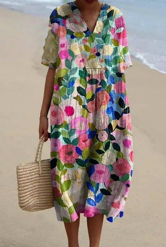 Women's casual cotton blouse by Lumina Wear featuring a colorful spring floral garden print and relaxed fit.