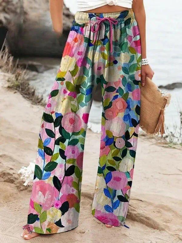 Colorful spring floral garden printed women's casual cotton shirt by Lumina Vancouver, featuring vibrant floral patterns.