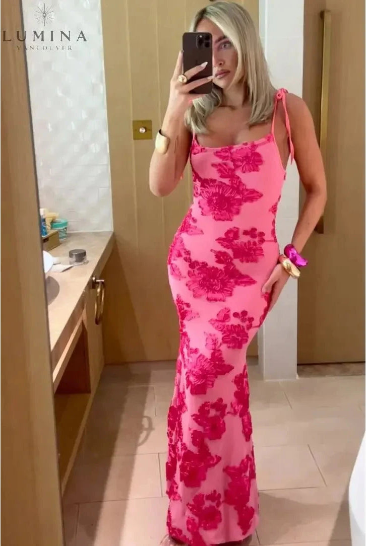 Pink floral knot-strap dress by Lumina Wear featuring a stylish design, perfect for weddings and special occasions.