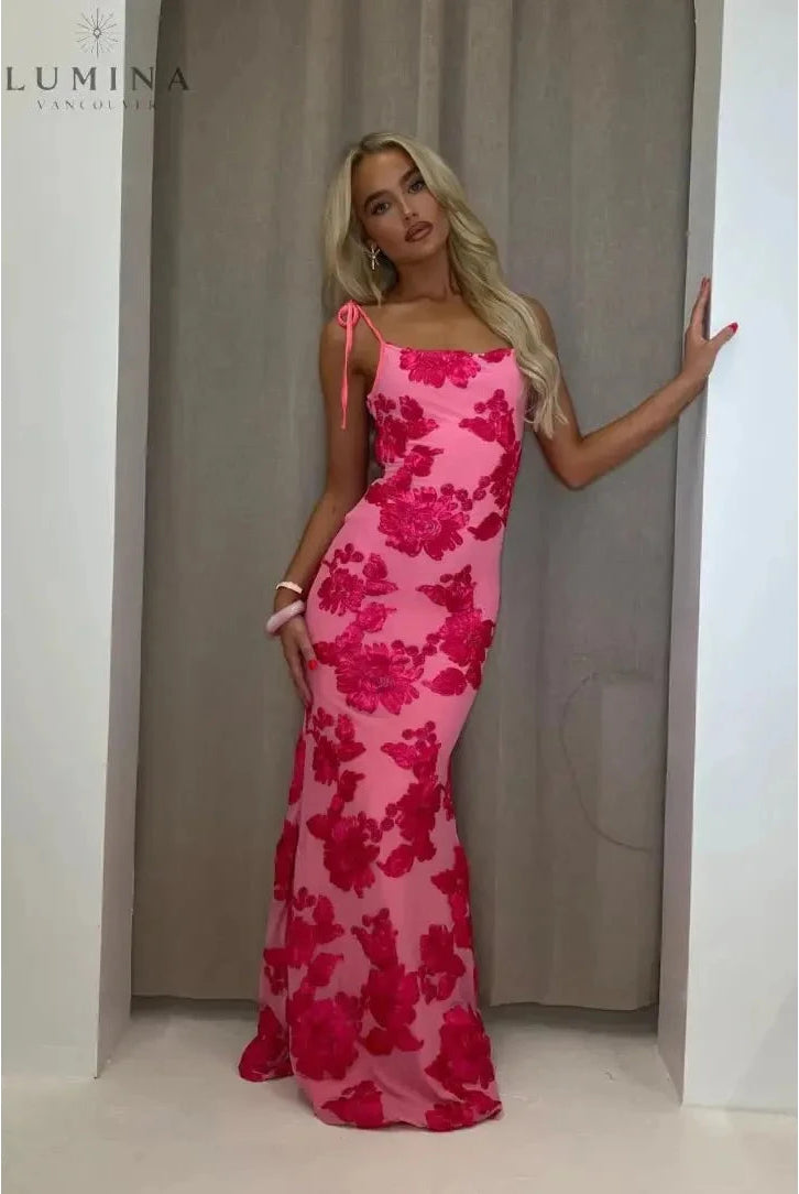 Pink floral knot-strap dress by Lumina Wear, featuring a feminine design and elegant fit, perfect for weddings and special occasions.