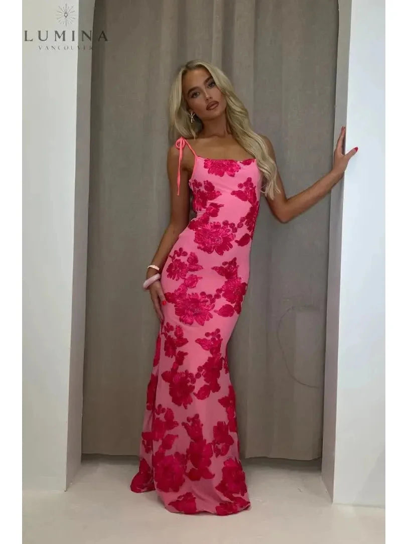 Pink floral knot-strap dress for wedding guests, Maritza by Lumina Vancouver, featuring a feminine and elegant design.