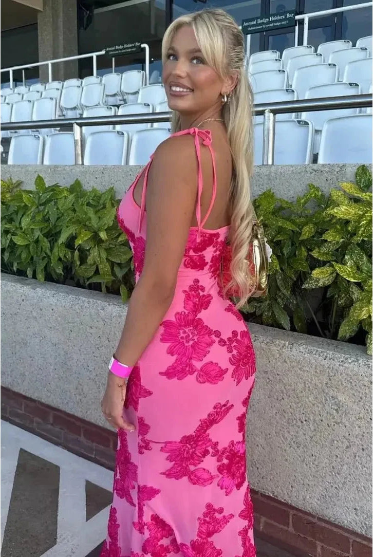Pink floral knot-strap dress by Lumina Wear, featuring a stylish design perfect for weddings and special occasions.