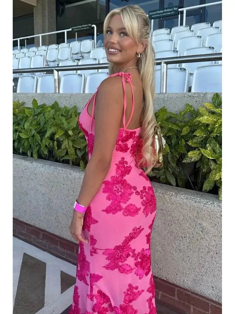 Pink floral knot-strap dress by Lumina Vancouver, perfect for wedding guests, featuring a stylish and feminine design.