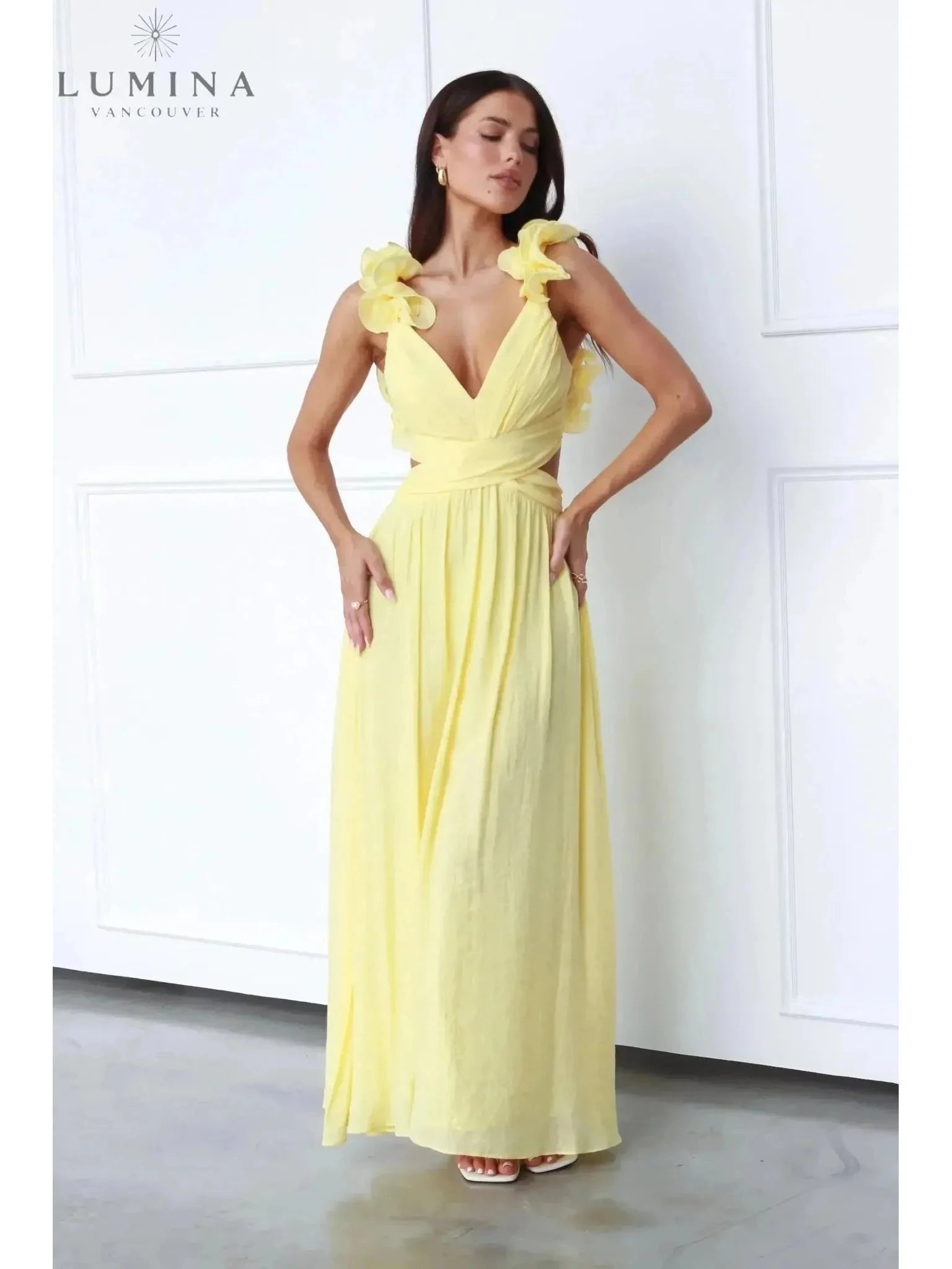 Lumina Vancouver Lanae elegant wedding guest dress with deep V-neck, fitted silhouette, and stylish design for special occasions.