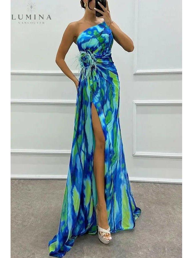 Lumina Vancouver Iseut Vibrant Maxi Dress for wedding guests, blue color, flowing fabric, elegant design, size 8-10.