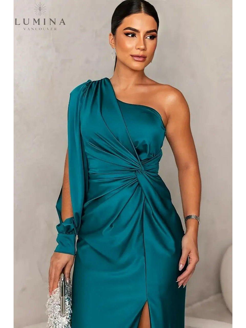 Blue-green Lenoir elegant wedding guest dress by Lumina Wear, featuring a stylish and sophisticated design for special occasions.