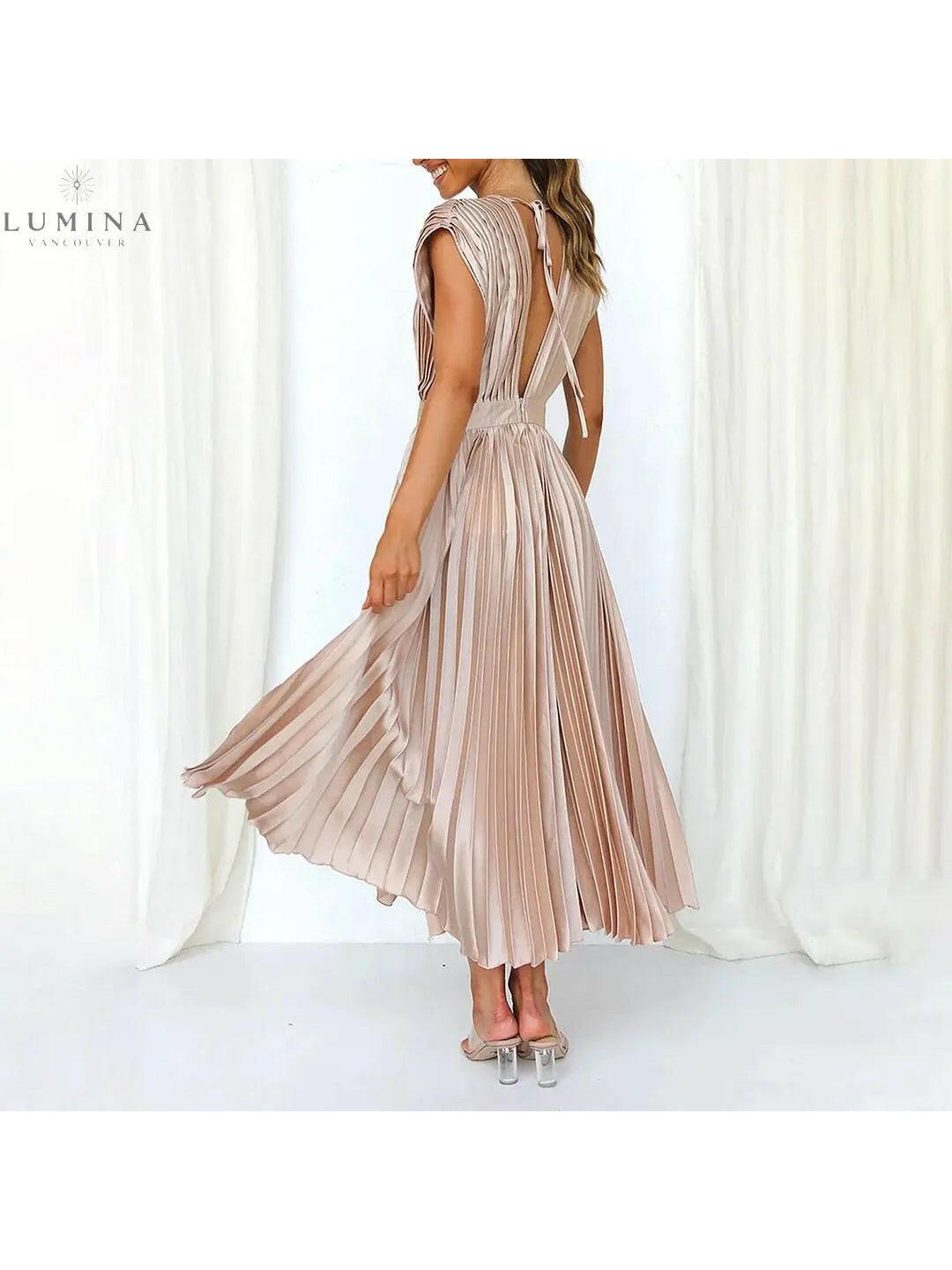 Lumina Vancouver Alexia elegant champagne wedding guest dress for women, size 8-10, stylish and sophisticated attire.