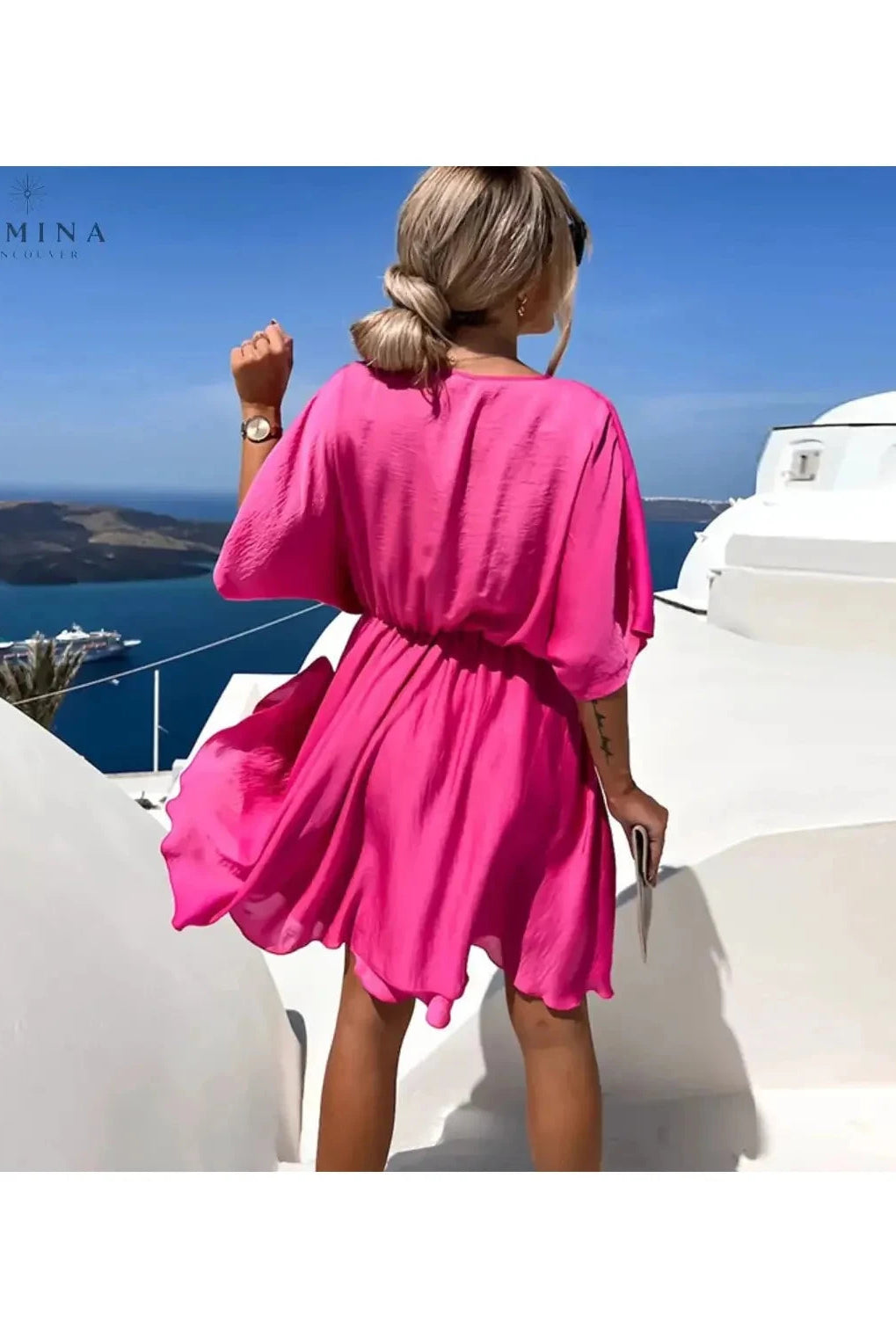 Lumina Wear pink evening dress with rose design, elegant style, suitable for wedding guests, size 8-10, front view.