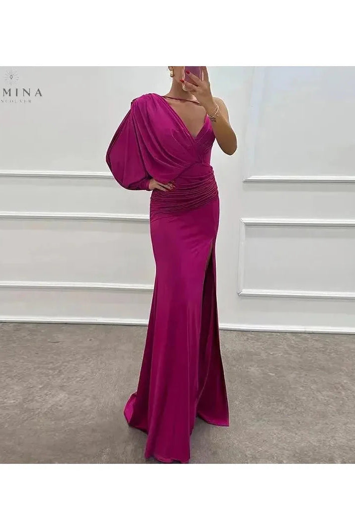Pink Iliana one-shoulder evening gown by Lumina Wear, elegant dress with a flowing silhouette perfect for formal occasions.