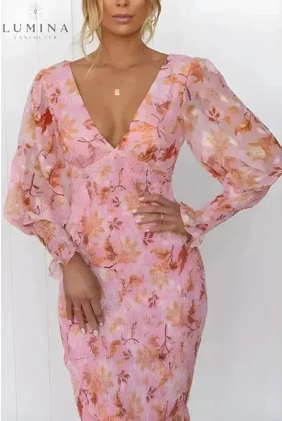 Pink Milla flower evening dress by Lumina Wear, elegant floral design perfect for weddings and special occasions.