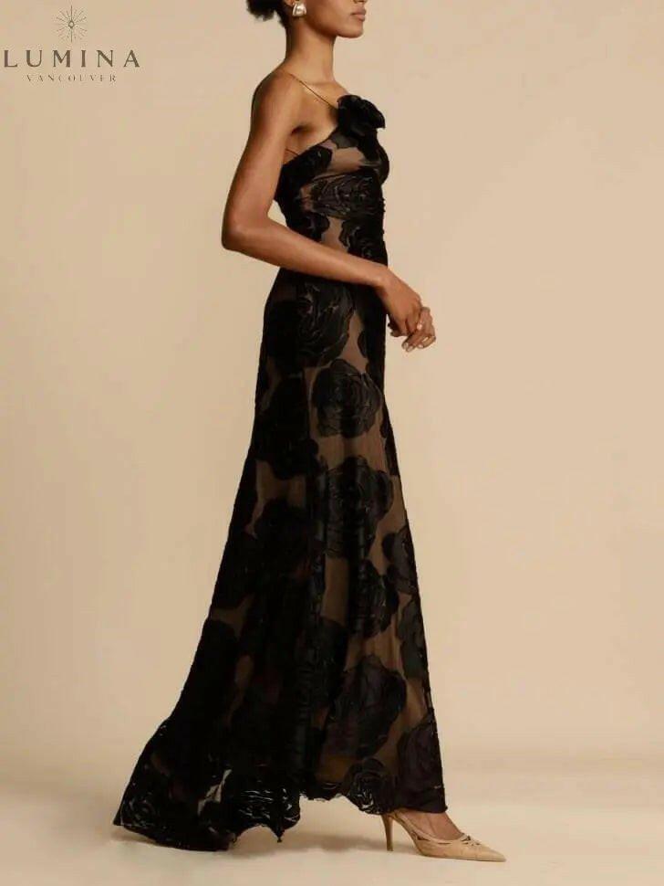 Sara flower maxi dress by Lumina Vancouver, elegant wedding guest dress with floral print and flowing fabric.