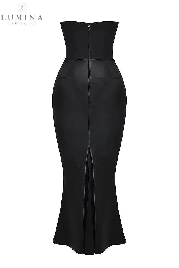Elegant black satin maxi dress by Lumina Wear, featuring a sophisticated evening dress design for special occasions.