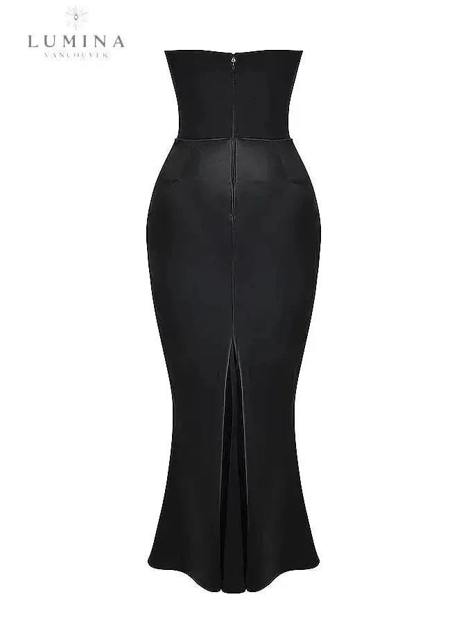 Lumina Vancouver Unn Noir black satin maxi dress, elegant wedding guest dress with sophisticated style and flowing silhouette.