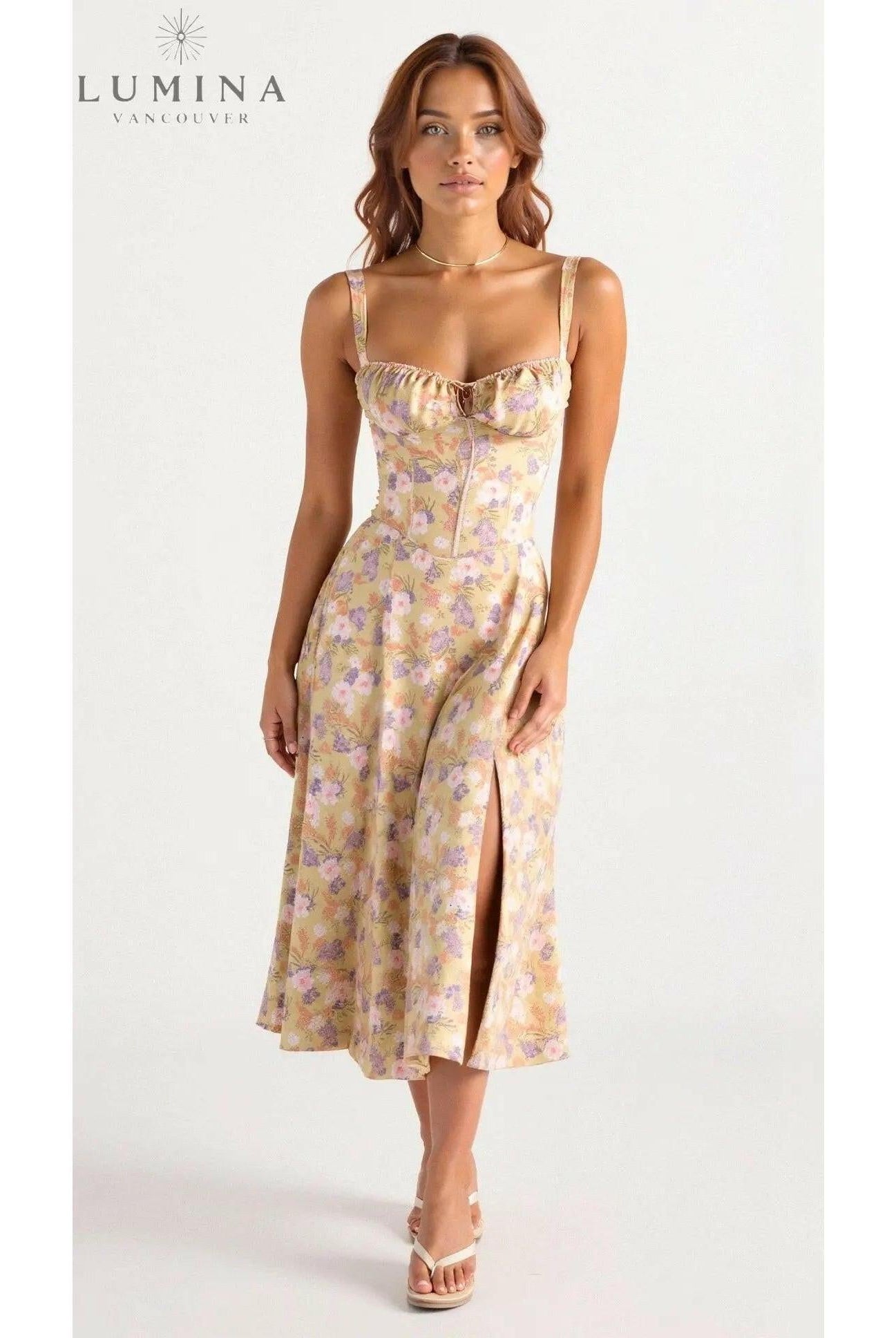 Lumina Wear Alina elegant waist dress, yellow evening dress with flattering fit and chic design, perfect for special occasions.