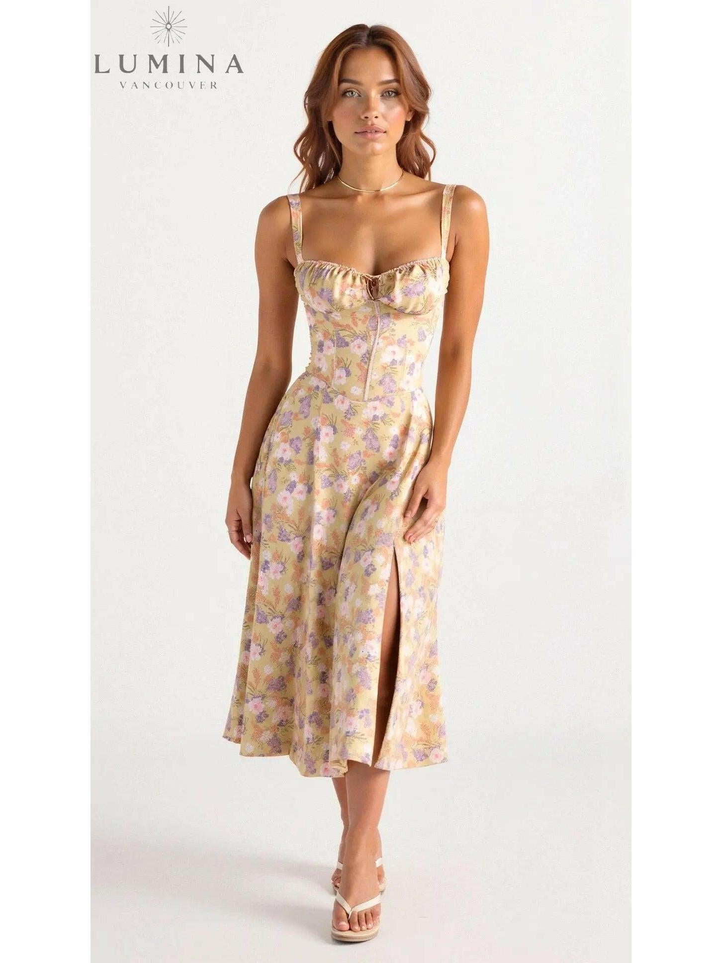 Lumina Vancouver Alina elegant yellow waist dress, perfect for wedding guests, featuring a flattering and chic design.