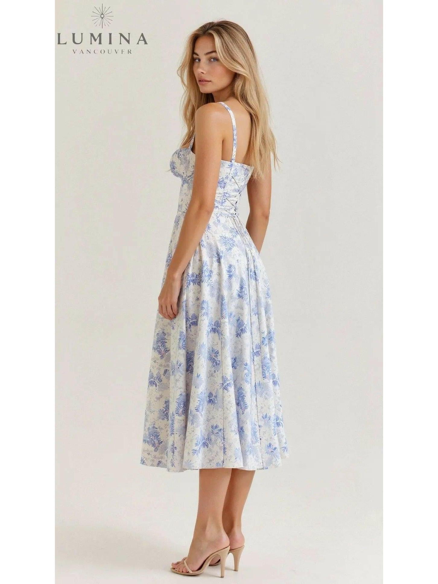 Yellow Alina elegant waist dress by Lumina Vancouver, perfect for wedding guests, with a flattering and chic silhouette.